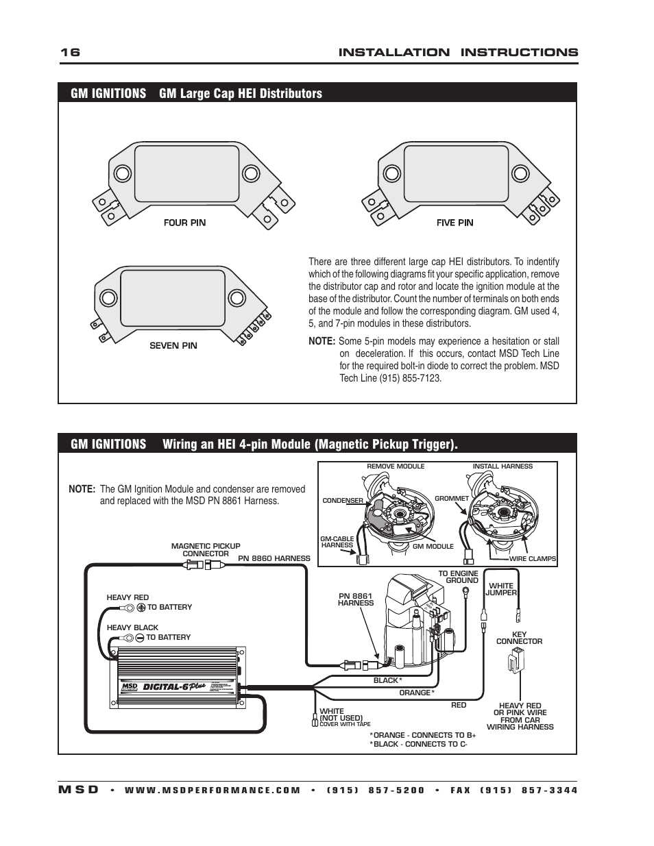 Gm ignitions gm large cap hei distributors, 16 installation instructions m s d | MSD 6520 Digital 6-Plus Ignition Control Installation User Manual | Page 16 / 24