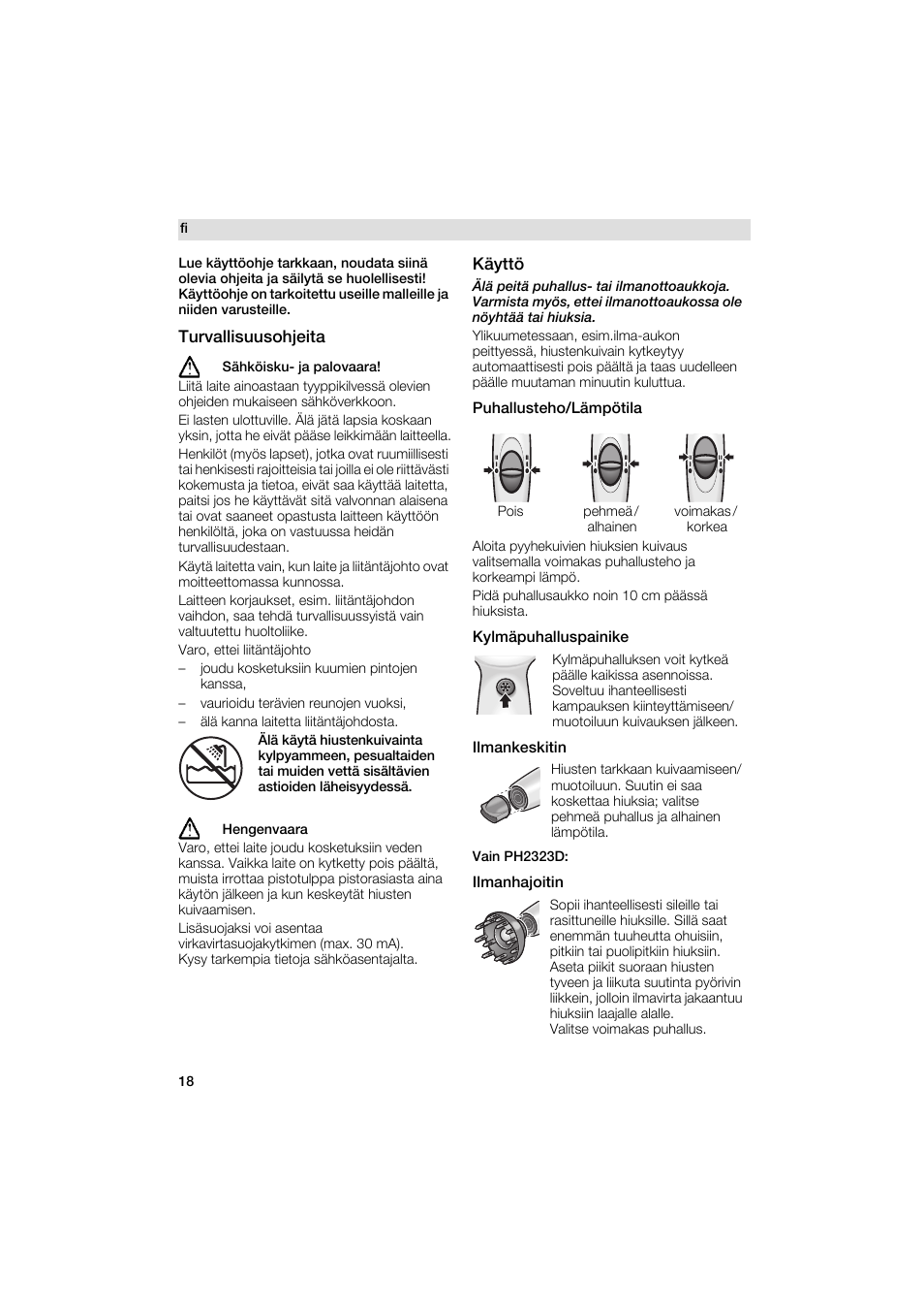 Puhallusteho/lâmpotila, Kylmâpuhalluspainike, Ilmankeskitin | Ilmanhajoitin, Turvallisuusohjeita, Kâytto | Siemens PH 2319 D User Manual | Page 18 / 48