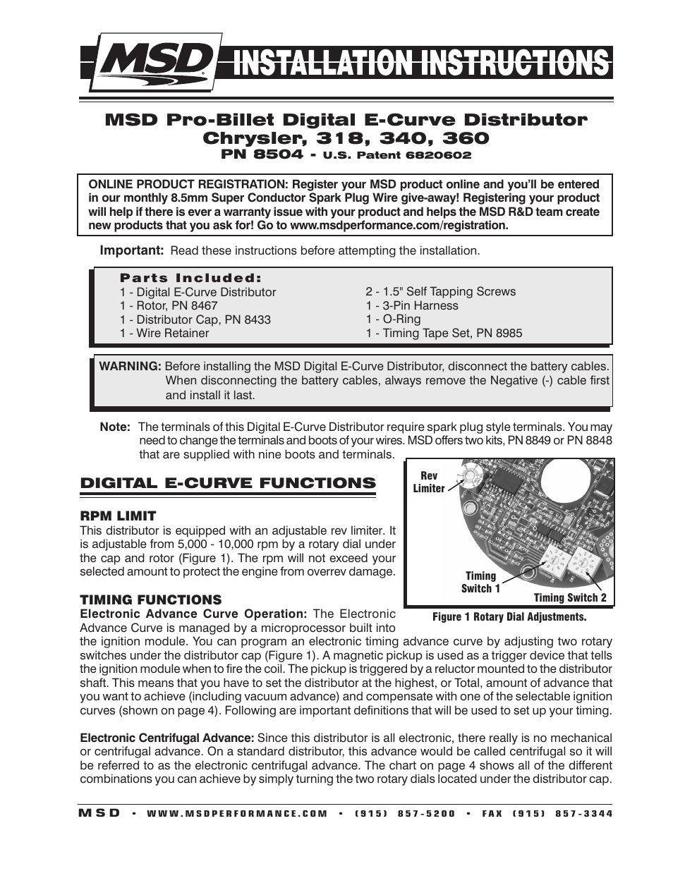 MSD 8504 Chrysler, 318, 340, 360, E-Curve Distributor Installation User Manual | 8 pages