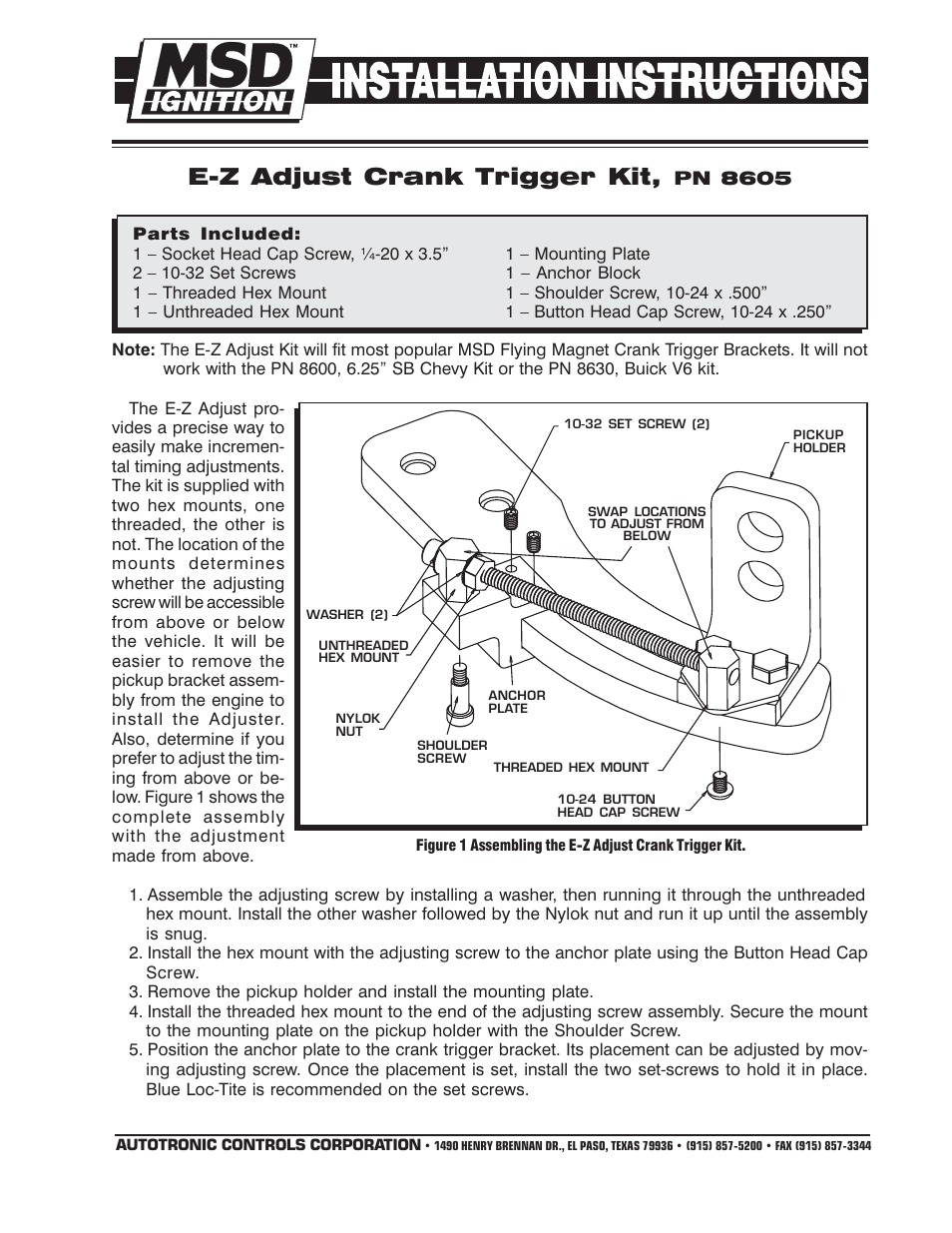 MSD 8605 Crank Triggers Adjustment Kit Installation User Manual | 2 pages