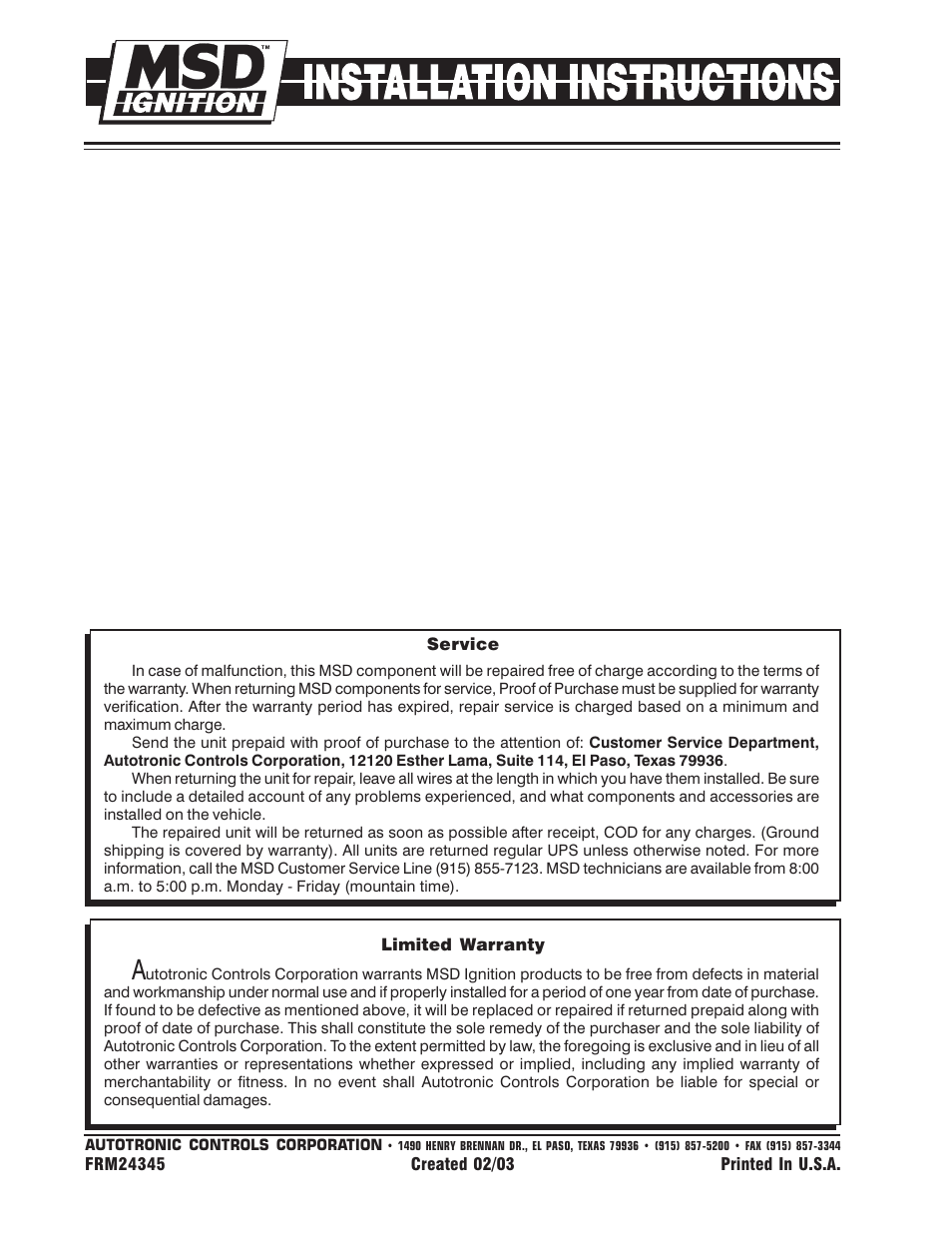 MSD 8605 Crank Triggers Adjustment Kit Installation User Manual | Page 2 / 2