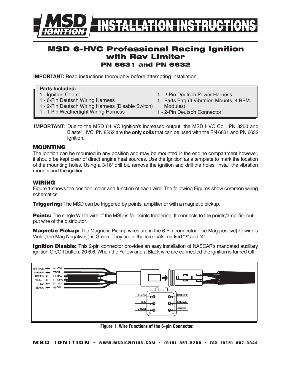 MSD 6631 6 HVC, Professional Race with Rev Control Deutsch Connectors Installation User Manual | 4 pages