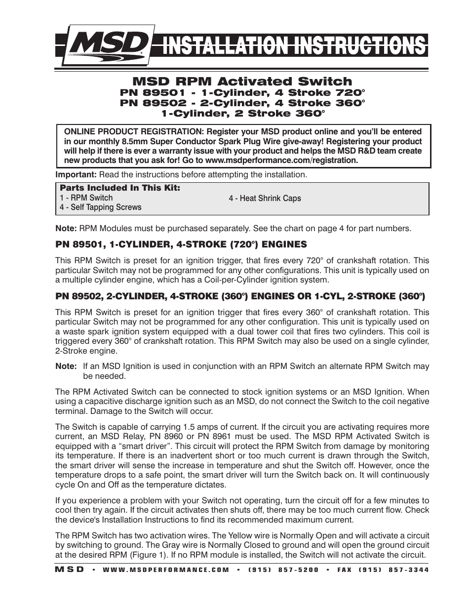 MSD 89501 RPM Activated Switch, DIS Installation User Manual | 4 pages