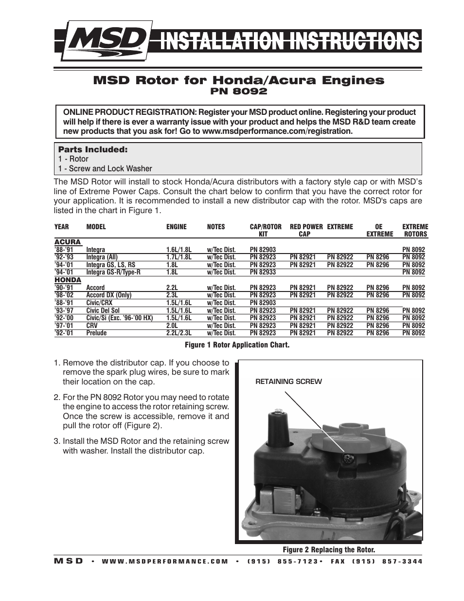 MSD 8092 Honda_Acura Rotor for 82921, 82922, 8296 Cap Installation User Manual | 2 pages