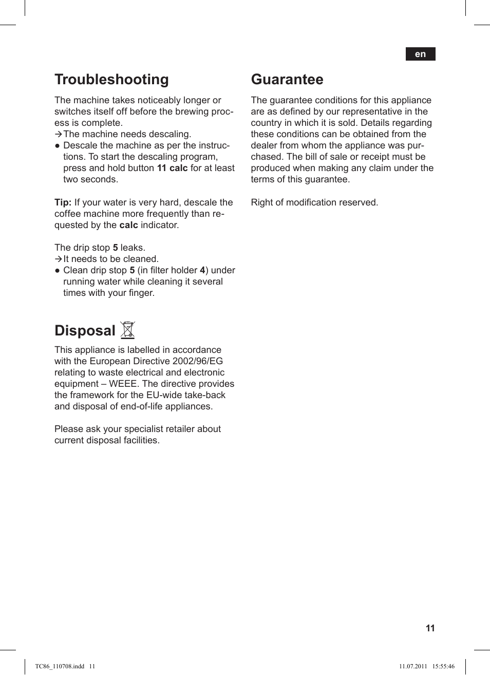 Troubleshooting, Disposal, Guarantee | Siemens TC 86375 User Manual | Page 15 / 108