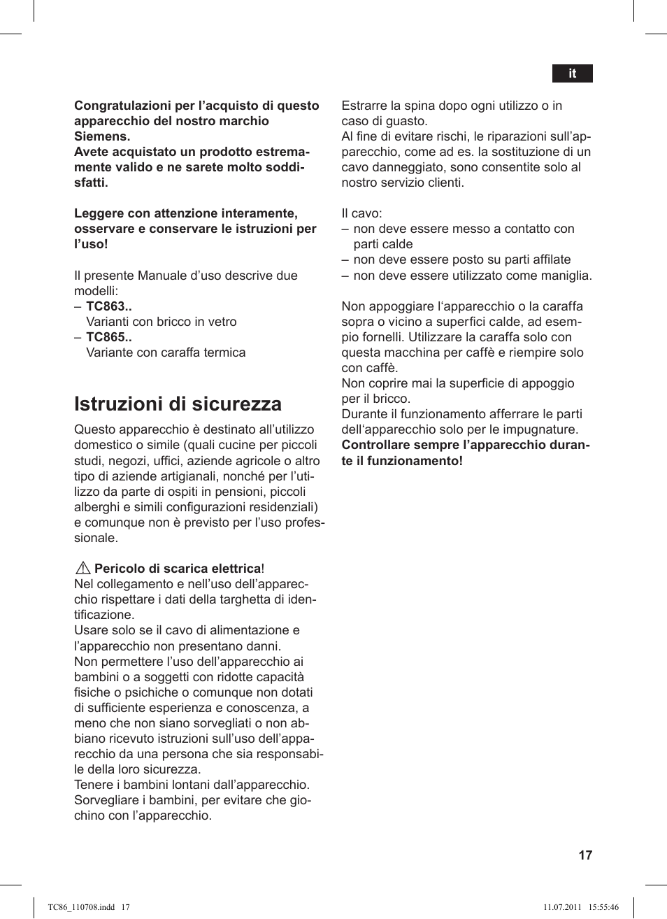 Istruzioni di sicurezza | Siemens TC 86375 User Manual | Page 21 / 108