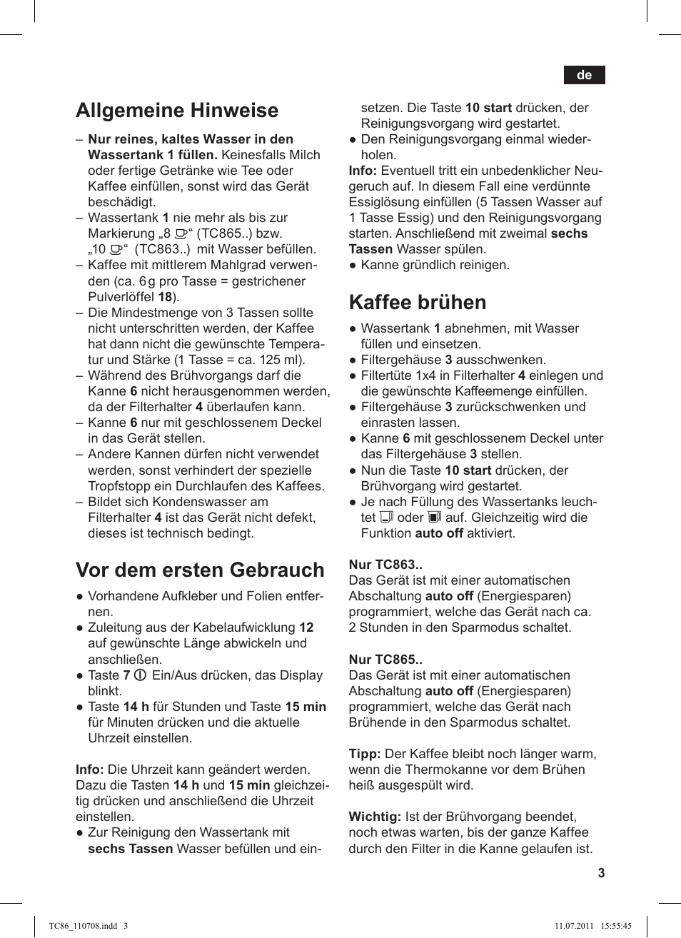 Kaffee brühen, Allgemeine hinweise, Vor dem ersten gebrauch | Siemens TC 86375 User Manual | Page 7 / 108