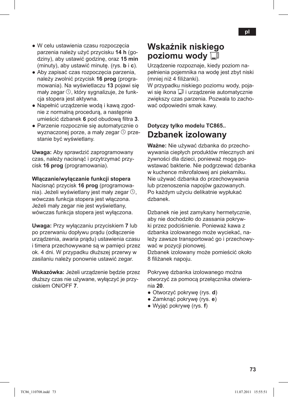 Wska nik niskiego poziomu wody j, Dzbanek izolowany | Siemens TC 86375 User Manual | Page 77 / 108
