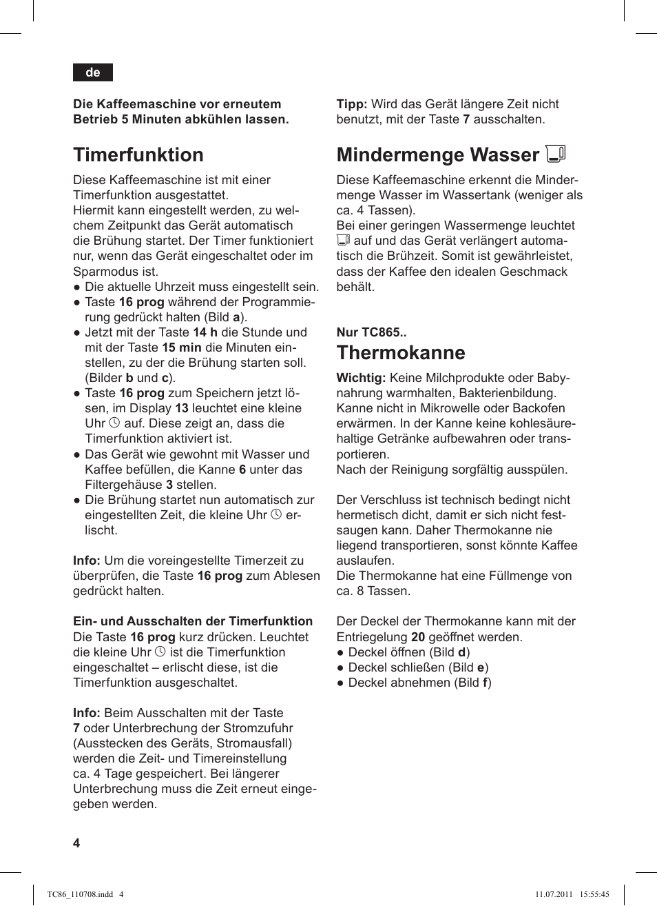 Mindermenge wasser j, Thermokanne, Timerfunktion | Siemens TC 86375 User Manual | Page 8 / 108