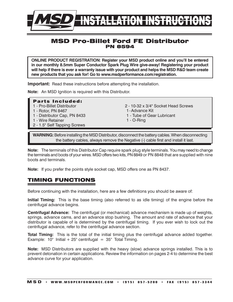 MSD 8594 Ford FE Pro-Billet Distributor Installation User Manual | 8 pages