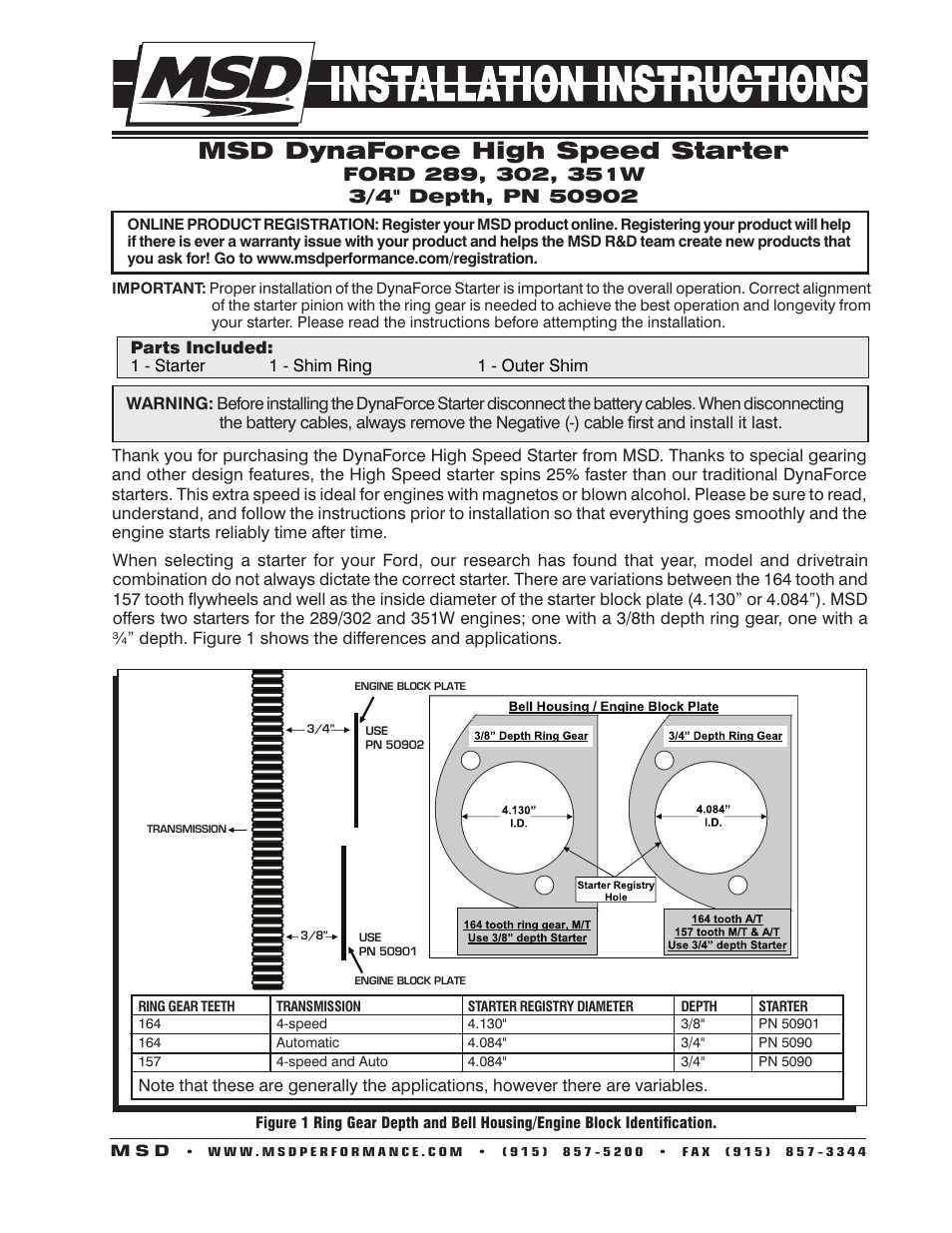 MSD 50902 Ford High Speed DynaForce Starter 289, 302, 351W Installation User Manual | 4 pages