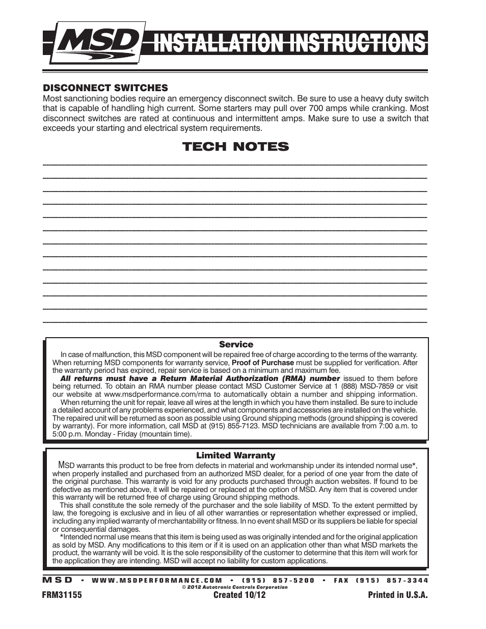 Disconnect switches | MSD 50902 Ford High Speed DynaForce Starter 289, 302, 351W Installation User Manual | Page 4 / 4