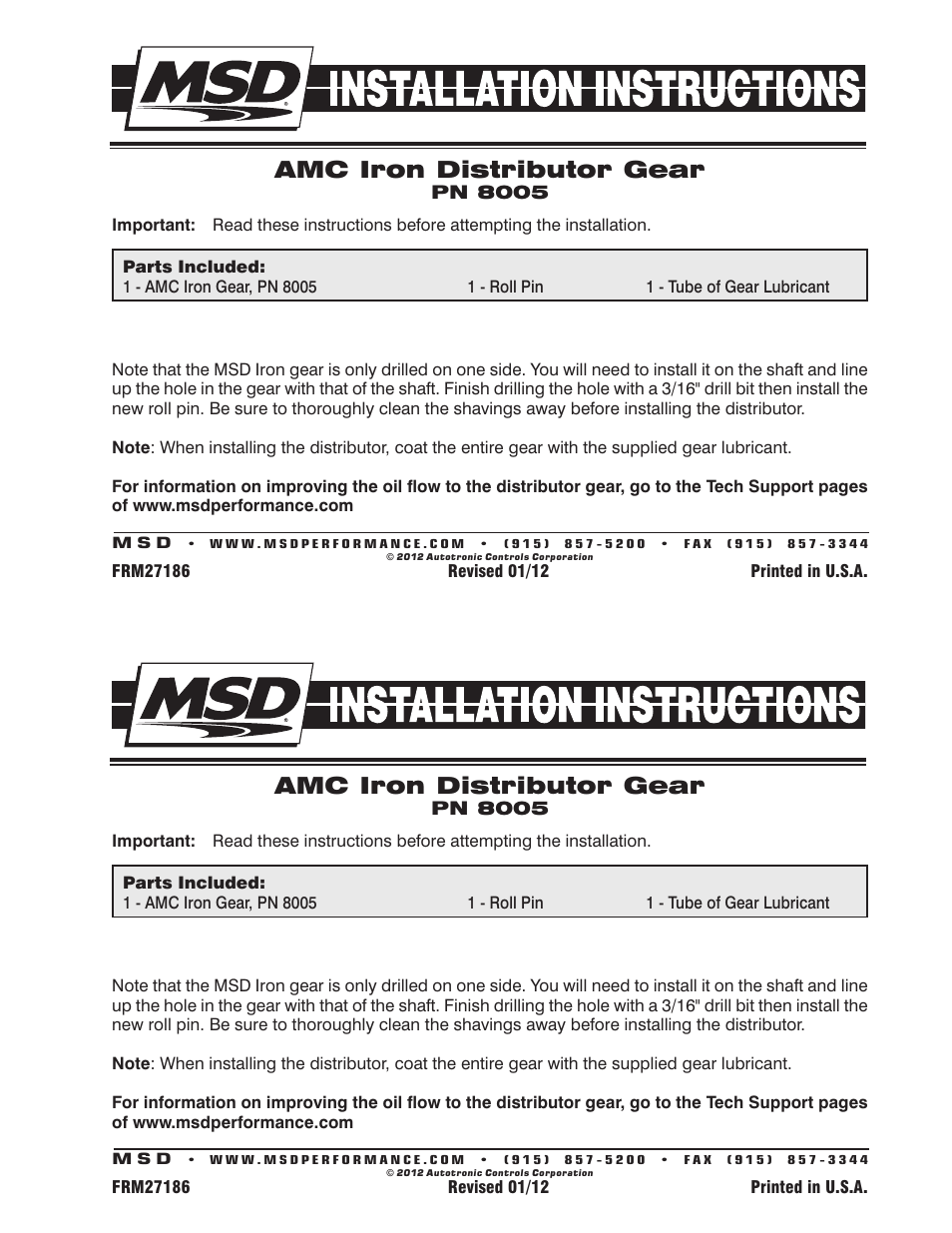 MSD 8005 Iron Distributor Gear for AMC V8 Installation User Manual | 1 page