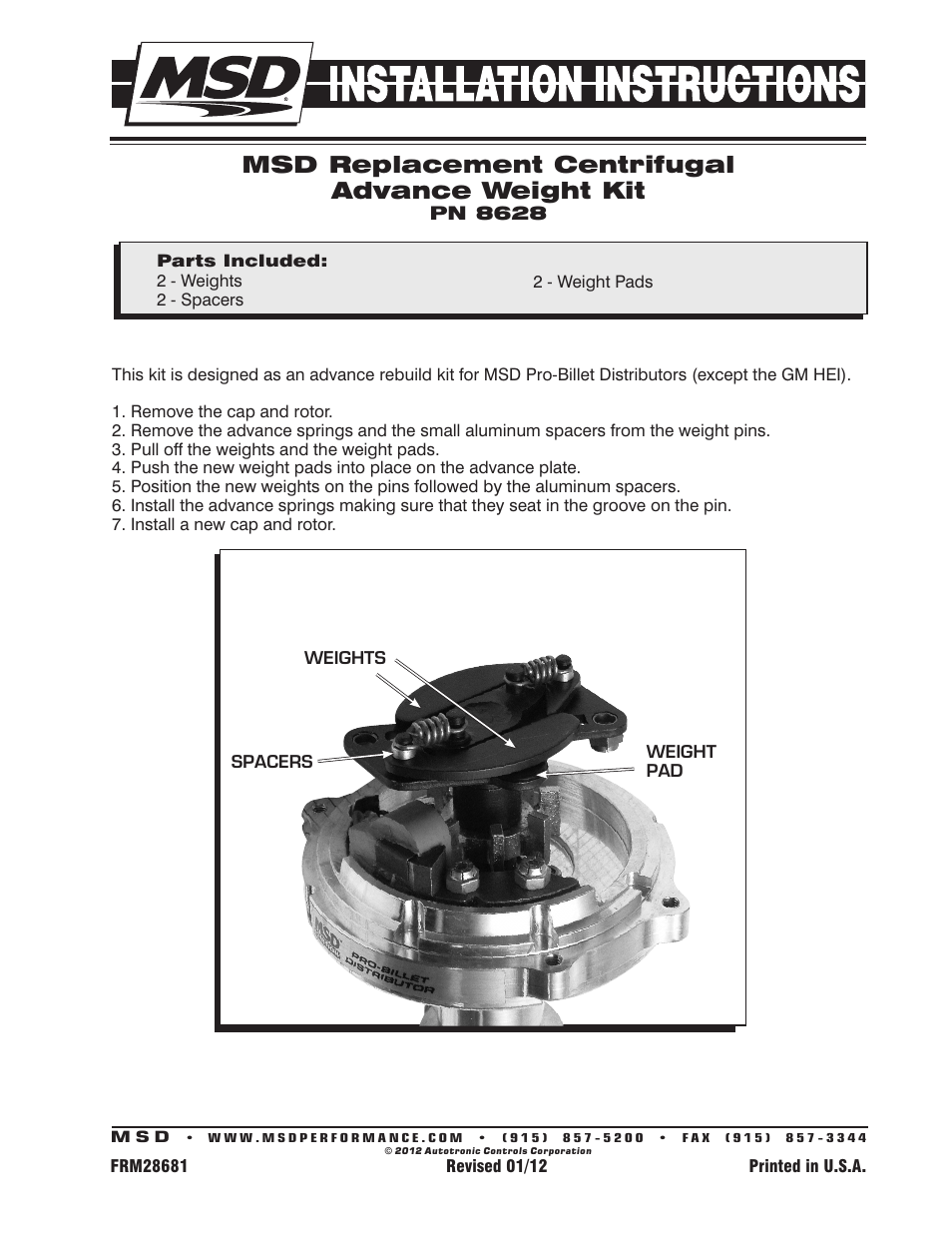 MSD 8628 Advance Weight Kit for MSD Pro Billet Dist. Installation User Manual | 1 page