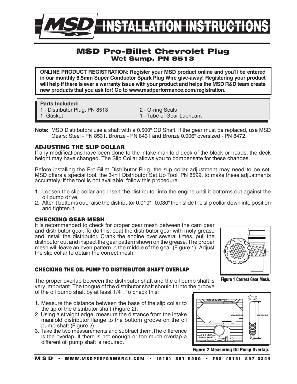MSD 8513 Oil Plug Wet Sump Chevy V8 Installation User Manual | 2 pages