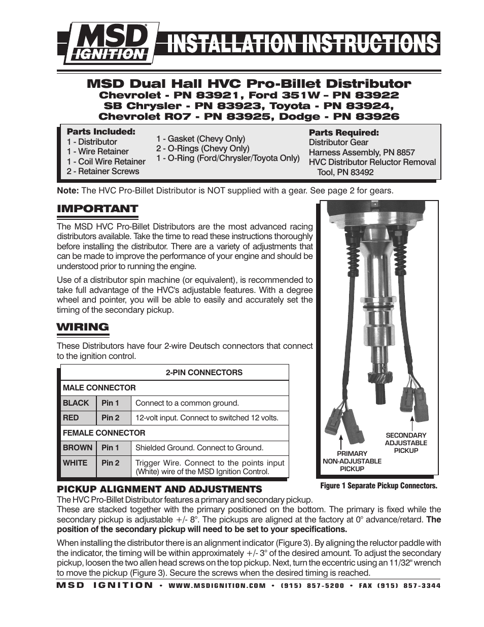 MSD 83921 HVC Professional Racing Distributor for Chevrolet Installation User Manual | 4 pages