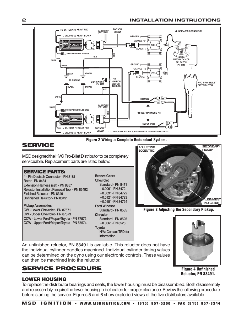 Service, Service procedure, Service parts | Lower housing, Figure 2 wiring a complete redundant system, Figure 3 adjusting the secondary pickup | MSD 83921 HVC Professional Racing Distributor for Chevrolet Installation User Manual | Page 2 / 4