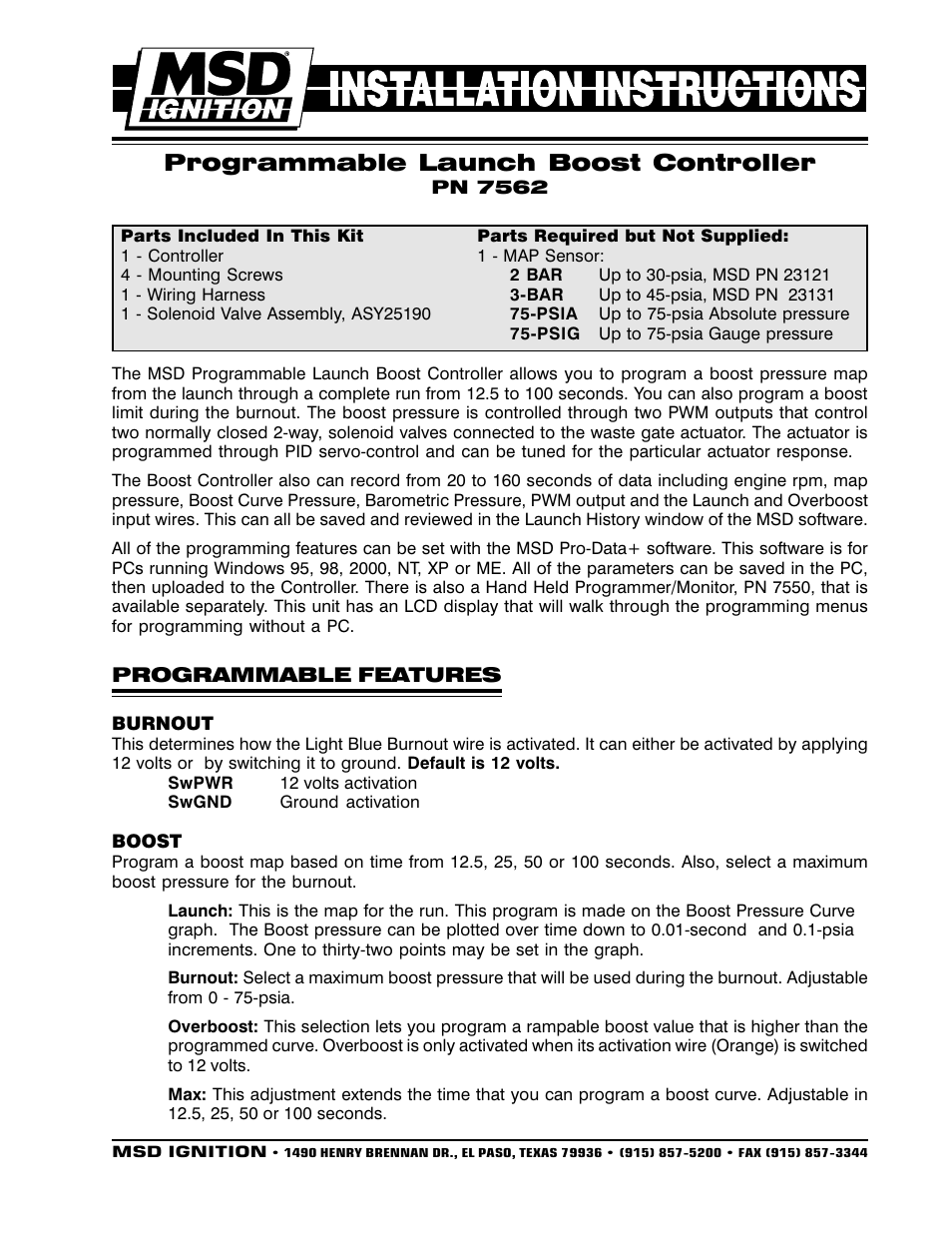 MSD 7562 Programmable Launch Boost Controller Installation User Manual | 24 pages
