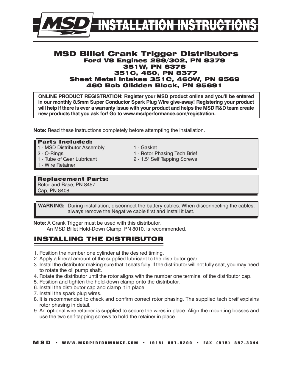 MSD 8378 Ford 351W Crank Trigger Distributor Installation User Manual | 2 pages