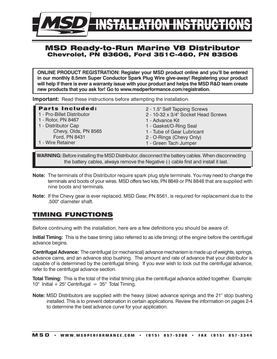 MSD 83506 Ford 351-460 Ready-to-Run Marine Distributor Installation User Manual | 8 pages