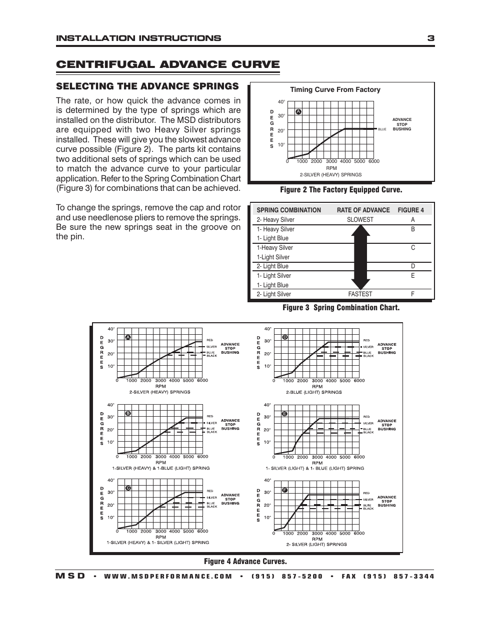 Centrifugal advance curve, Selecting the advance springs | MSD 83506 Ford 351-460 Ready-to-Run Marine Distributor Installation User Manual | Page 3 / 8