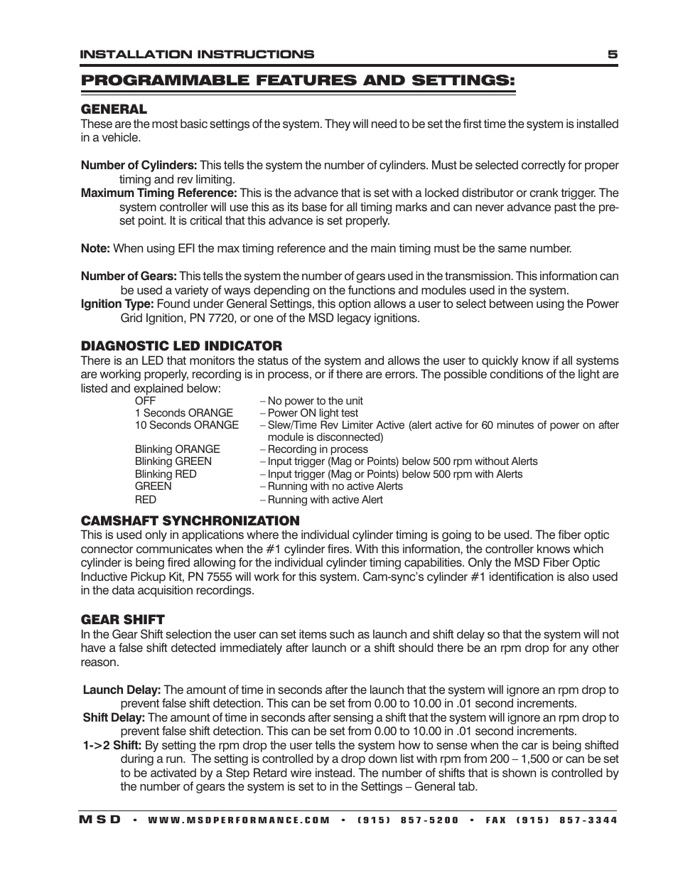 Programmable features and settings | MSD 7730 Power Grid System - Controller Only Installation User Manual | Page 5 / 16