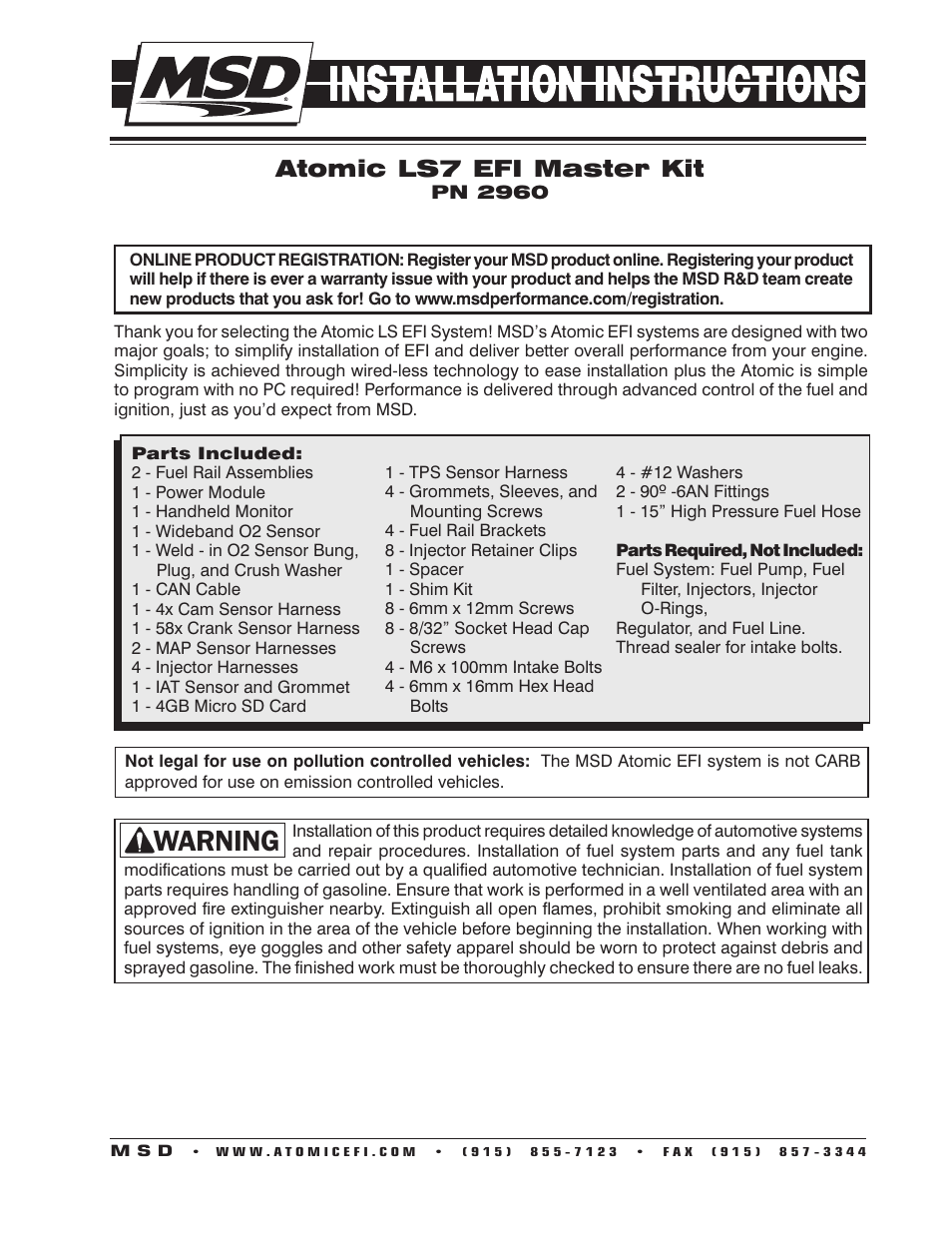 MSD 2960 Atomic LS7 Master Kit Installation User Manual | 24 pages