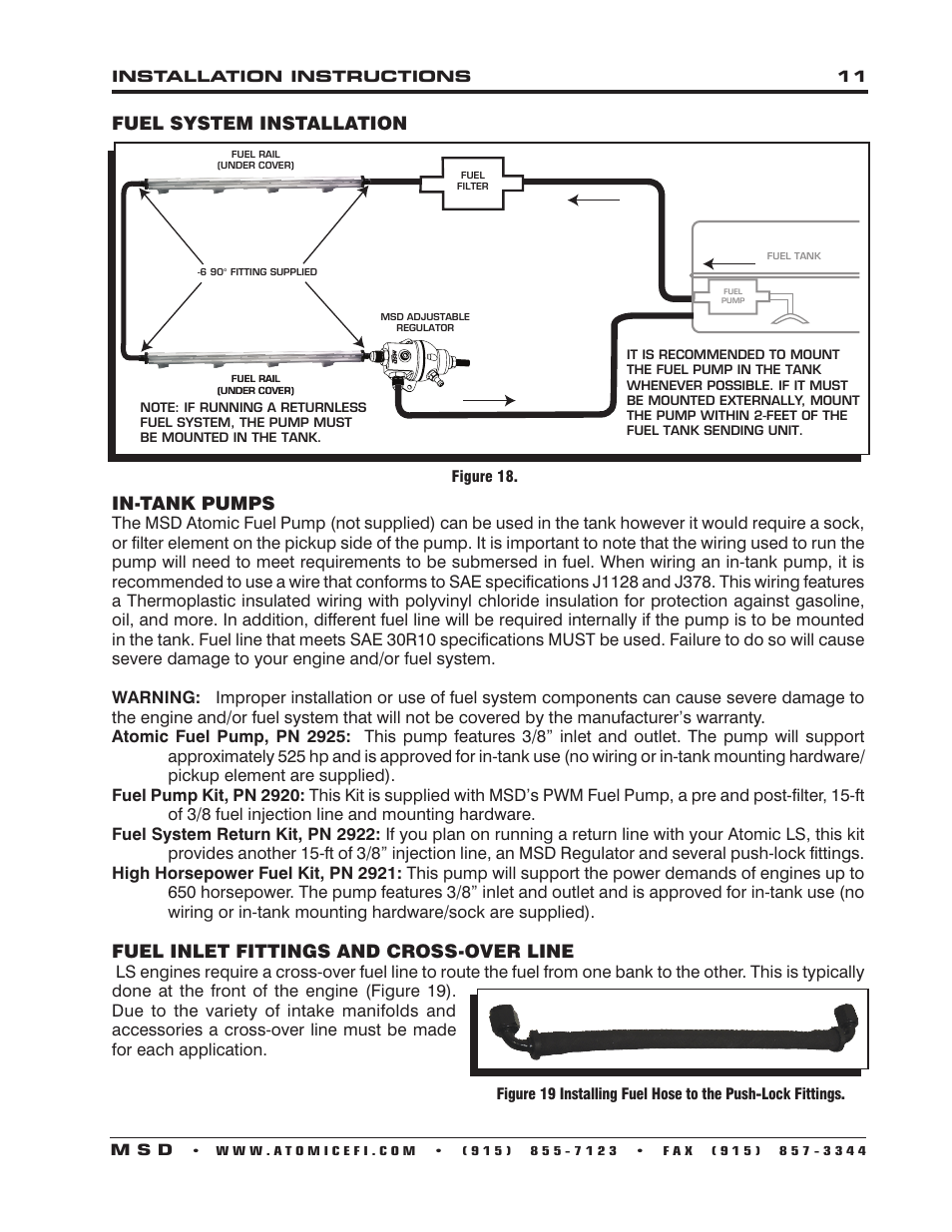 Fuel system installation, In-tank pumps, Fuel inlet fittings and cross-over line | MSD 2960 Atomic LS7 Master Kit Installation User Manual | Page 11 / 24