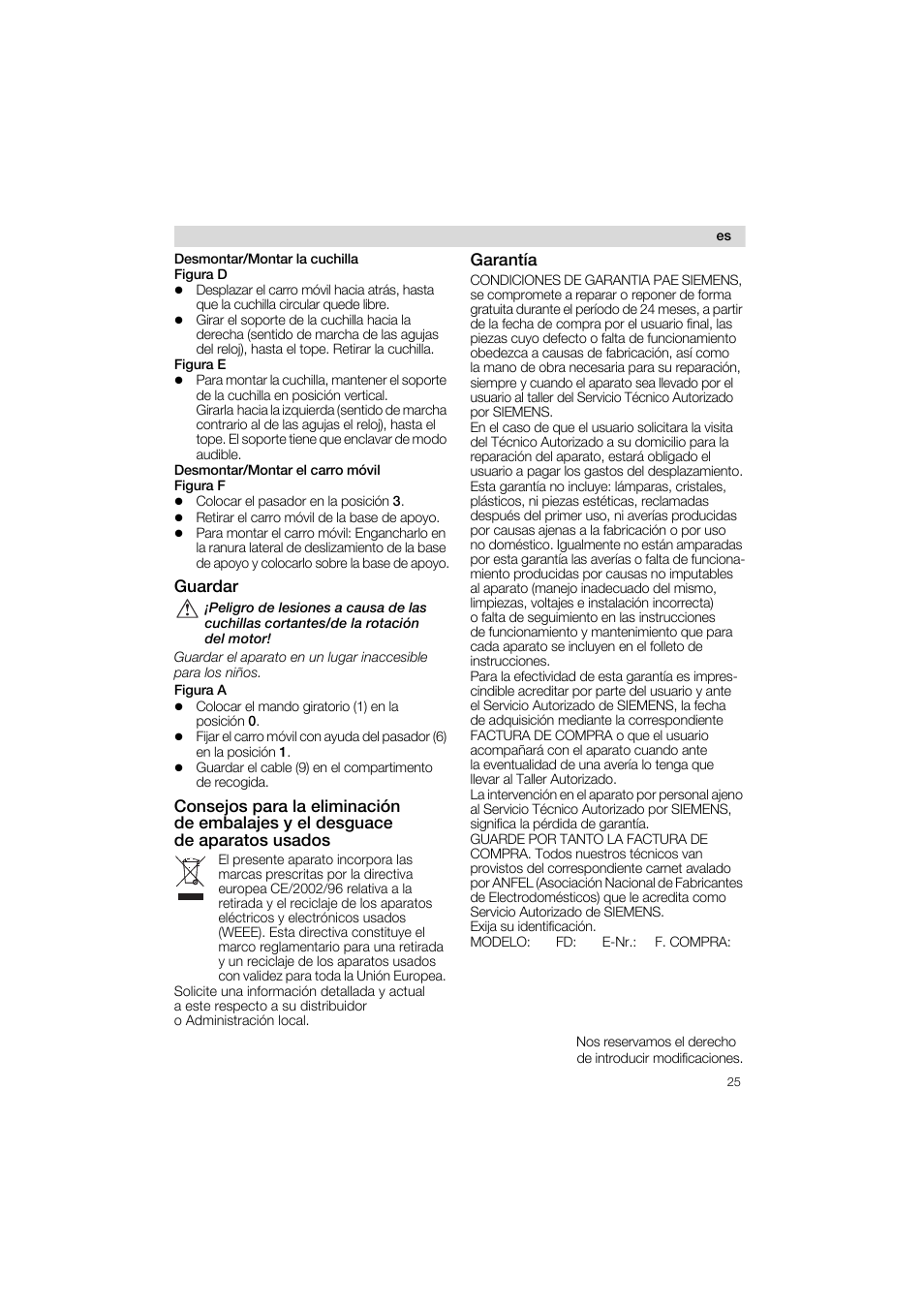 Desmontar/montar la cuchilla figura d, Guardar, Garantía | Siemens MS 65507 User Manual | Page 25 / 58