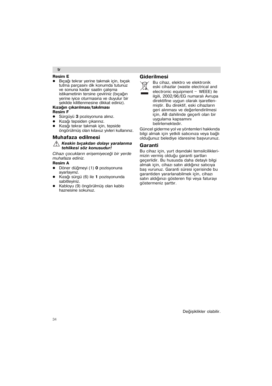 Muhafaza edilmesi, Giderilmesi, Garanti | Siemens MS 65507 User Manual | Page 34 / 58
