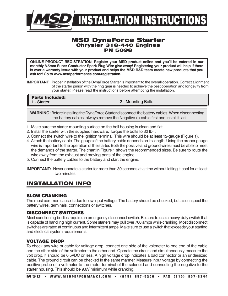 MSD 5098 DynaForce Starter, Chrysler 318-440 Engines Installation User Manual | 2 pages