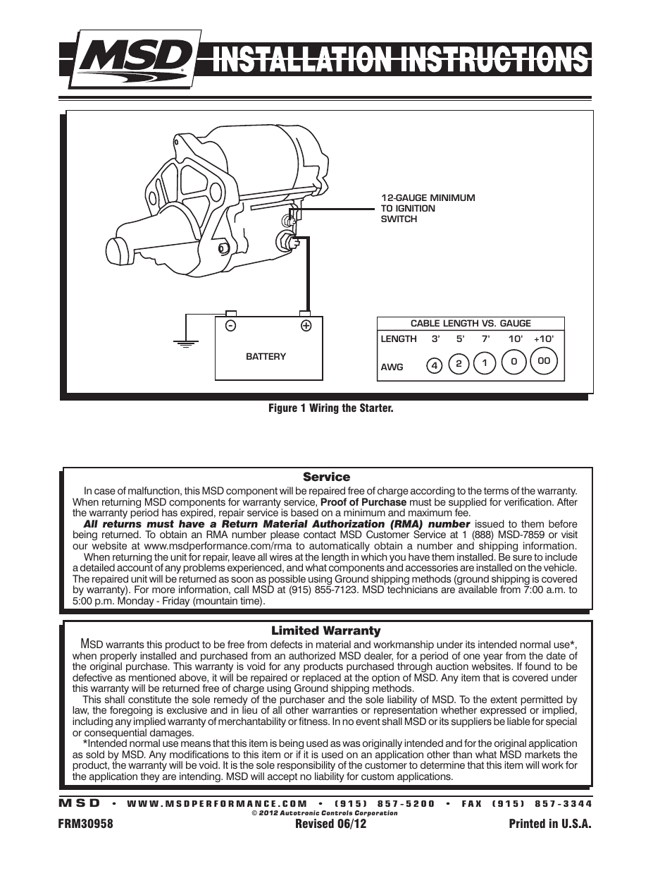 MSD 5098 DynaForce Starter, Chrysler 318-440 Engines Installation User Manual | Page 2 / 2