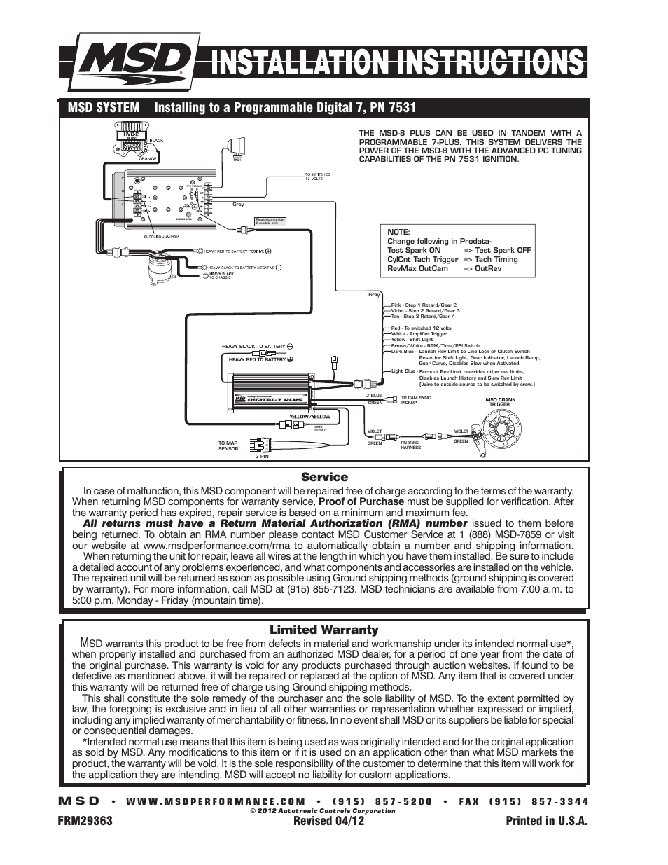 Limited warranty, Service, M s d | MSD 7805 8-Plus Ignition Control Installation User Manual | Page 8 / 8