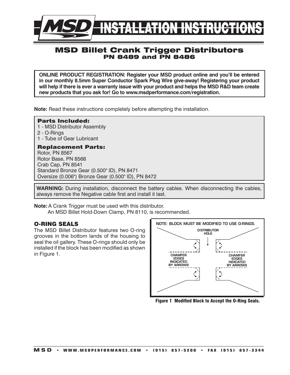 MSD 8489 Chevy Crab Cap Crank Trigger Distributor Installation User Manual | 4 pages