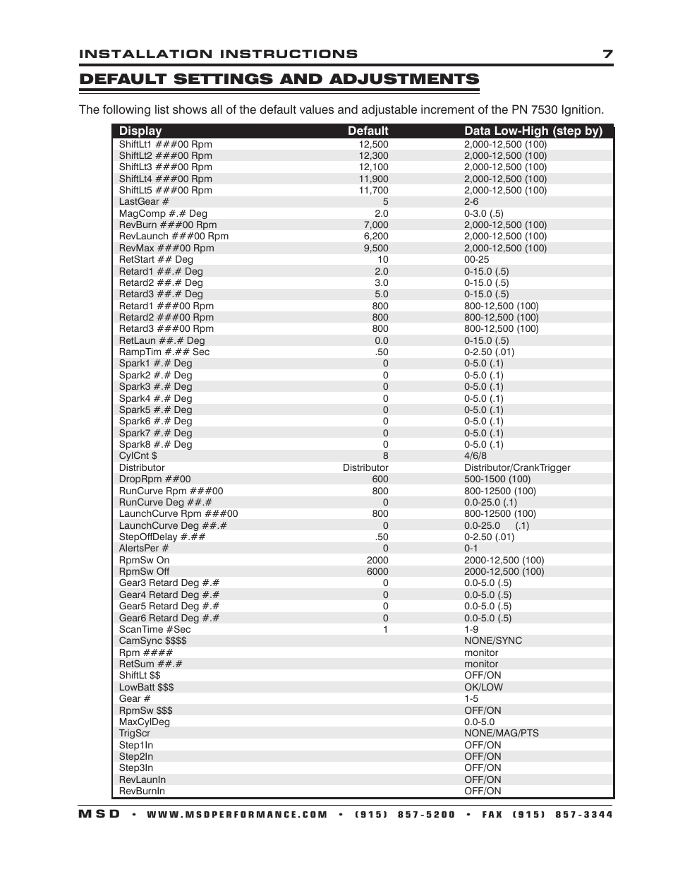 Default settings and adjustments | MSD 7550 Programmer_Monitor for Programmable Digital 7 Series Ignitions Installation User Manual | Page 7 / 8