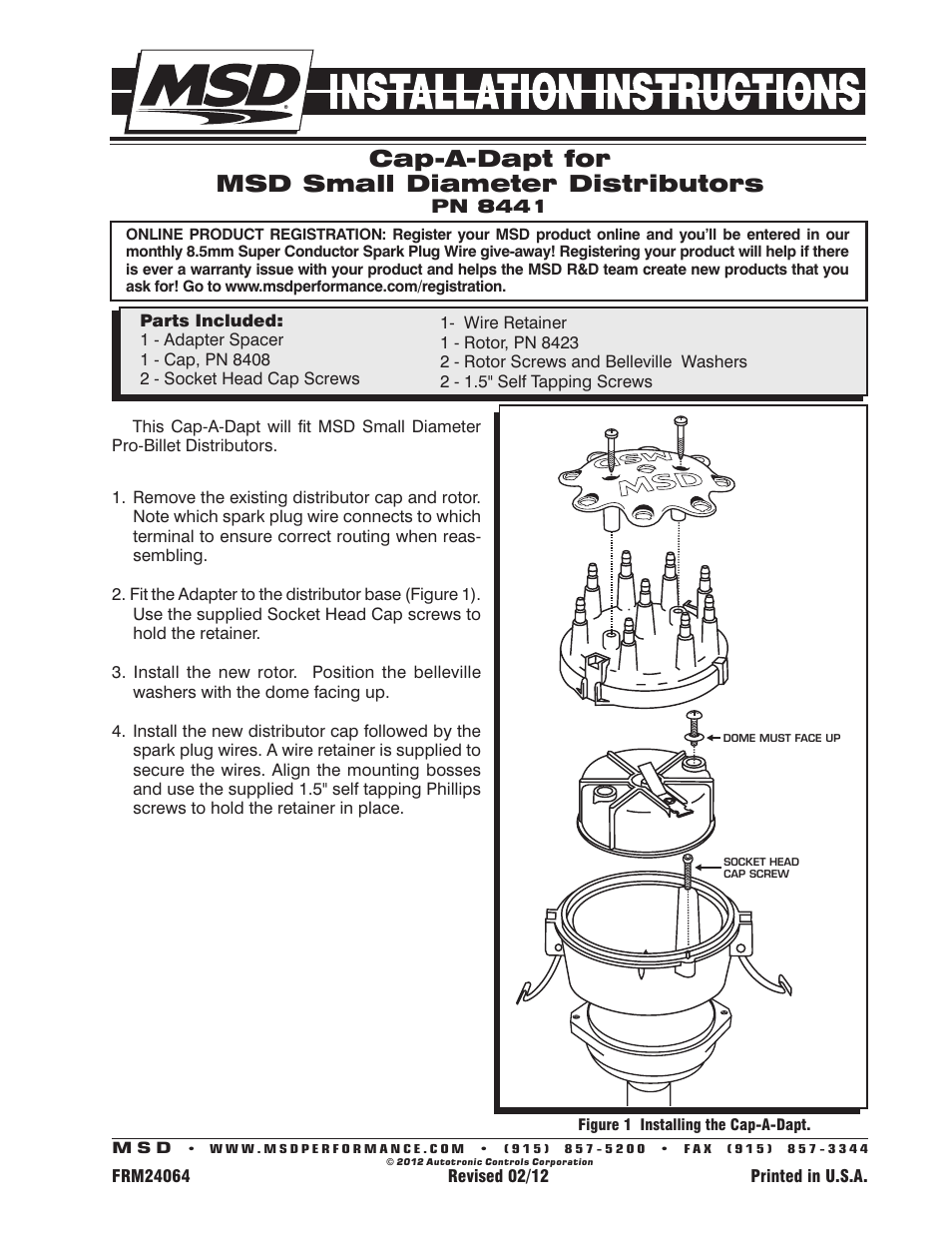 MSD 8441 Cap-A-Dapt for Small Diameter MSD Distributors Installation User Manual | 1 page