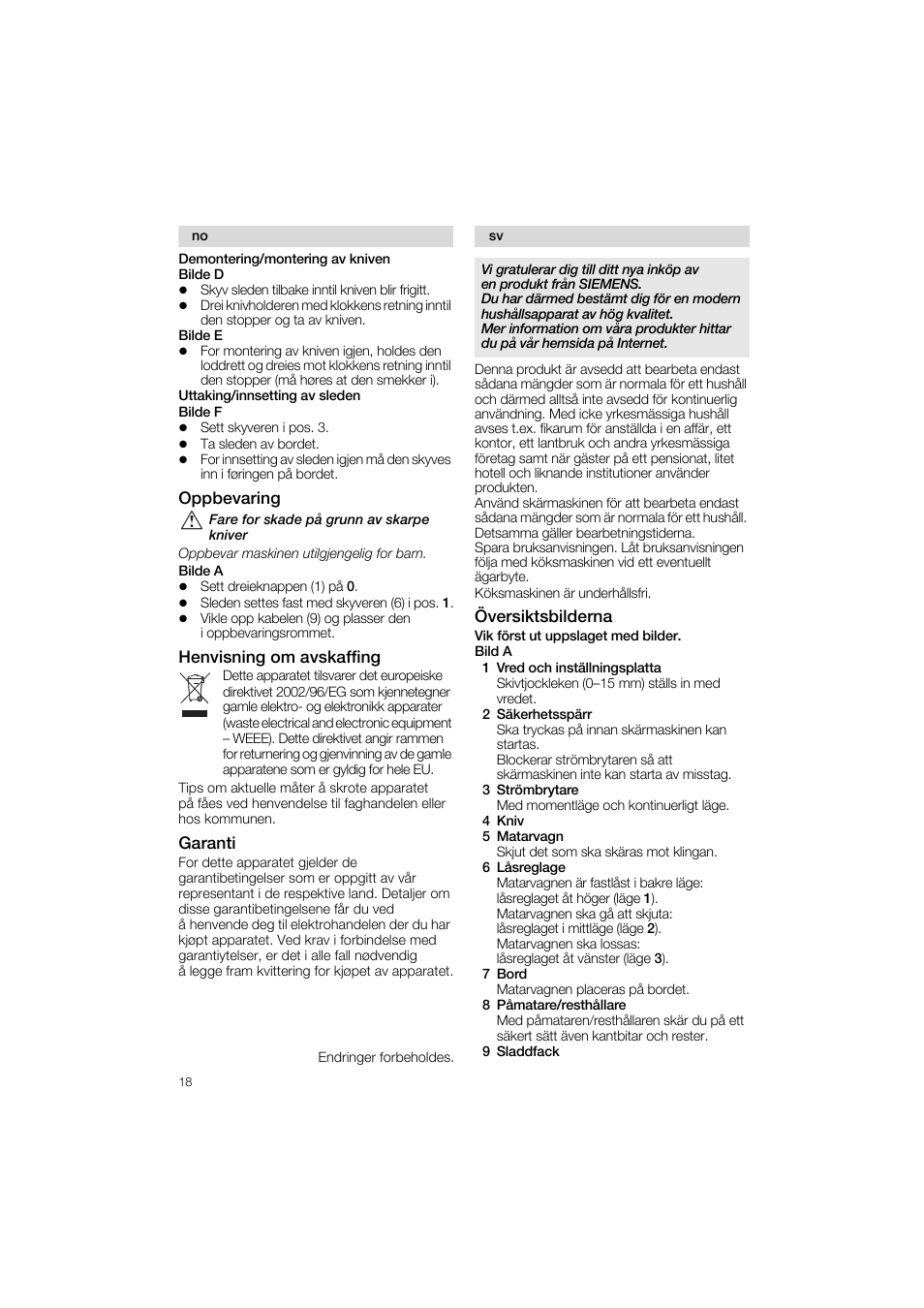 Oppbevaring, Henvisning om avskaffing, Garanti | Översiktsbilderna | Siemens MS 65513 User Manual | Page 18 / 58