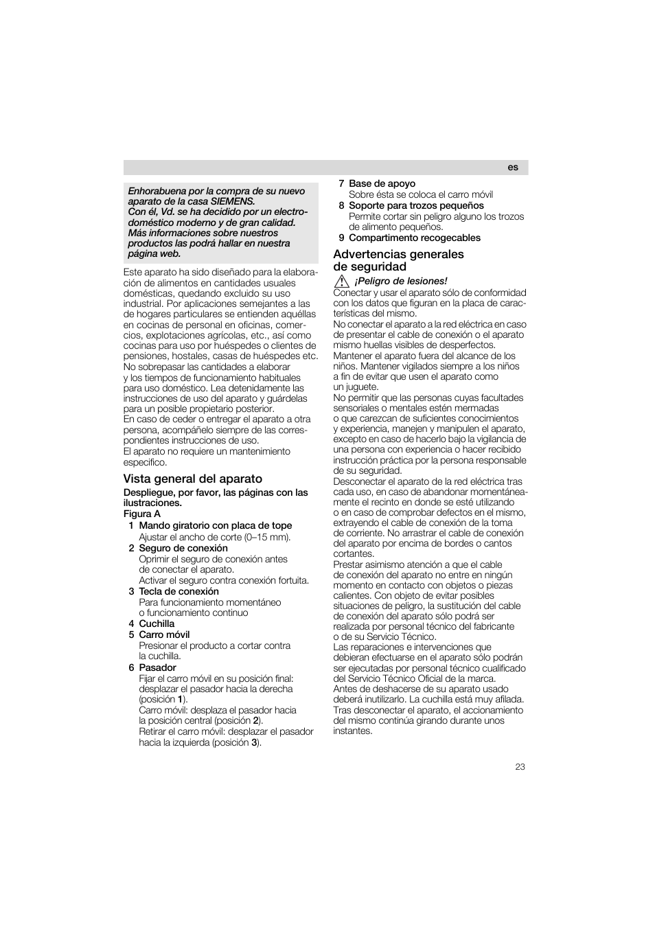Vista general del aparato, Advertencias generales de seguridad | Siemens MS 65513 User Manual | Page 23 / 58