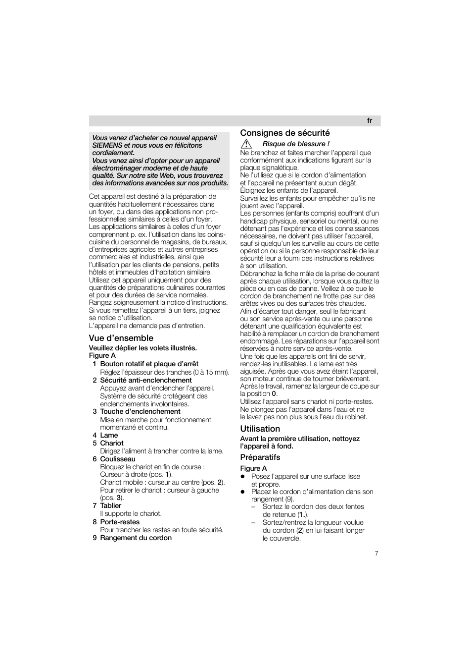 Vue d’ensemble, Consignes de sécurité, Utilisation | Préparatifs | Siemens MS 65513 User Manual | Page 7 / 58