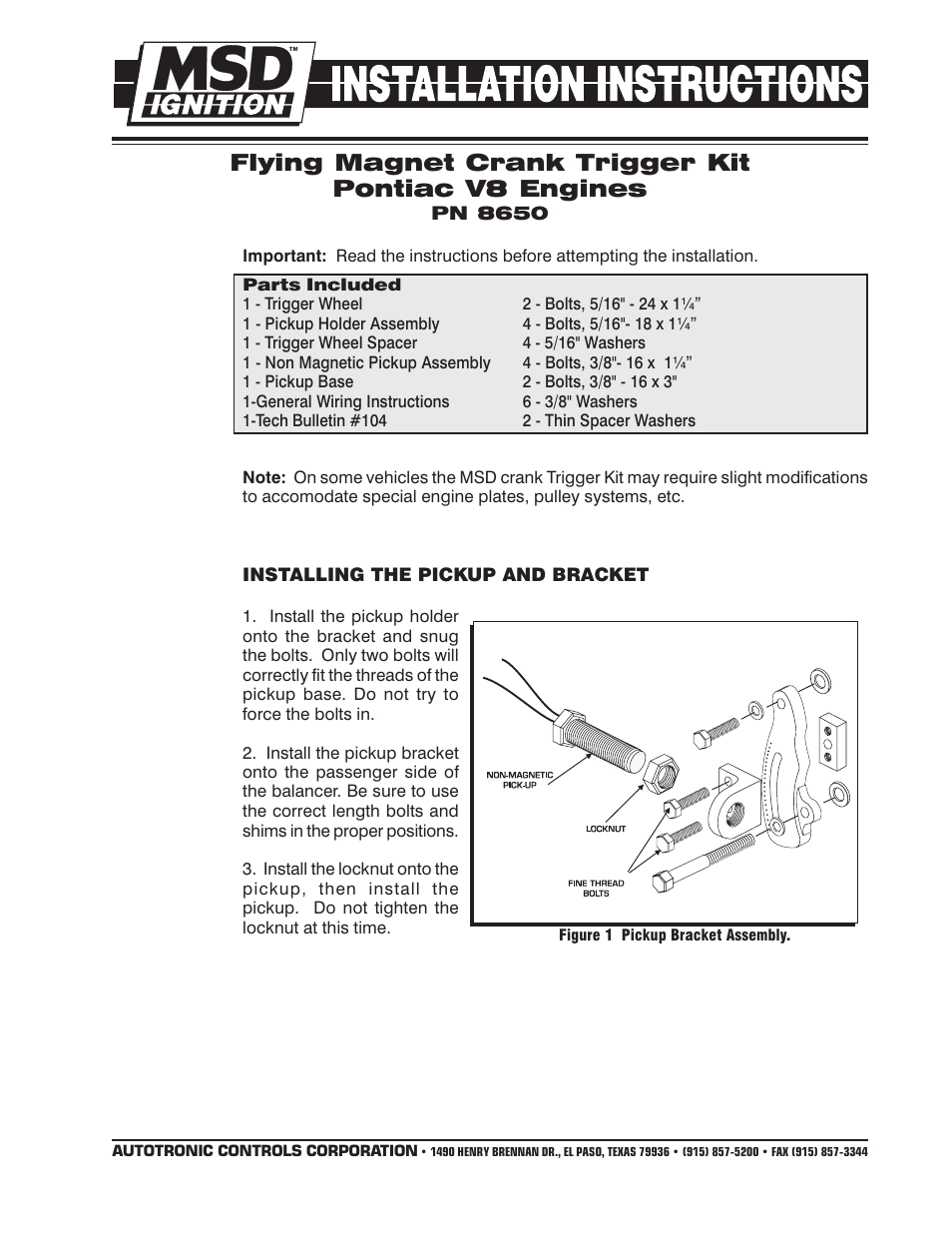 MSD 8650 Pontiac V8 Crank Trigger Kit Installation User Manual | 2 pages