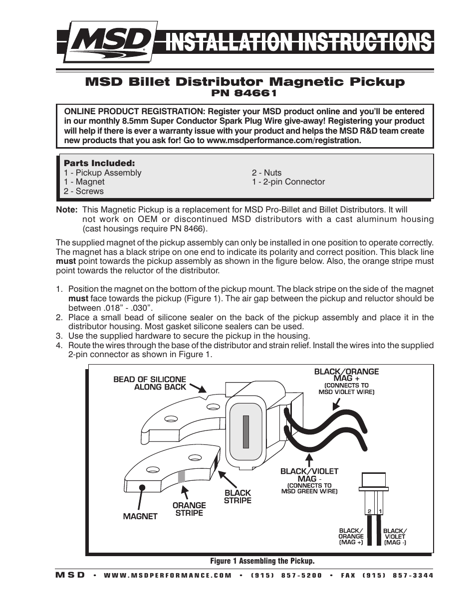 MSD 84661 Magnetic Pickup for all MSD Billet Distributors Installation User Manual | 2 pages