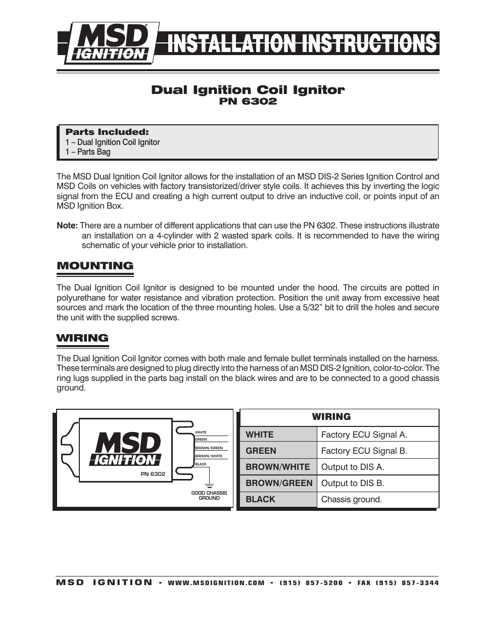 MSD 6302 DIS Dual Coil Ignitor, 2 Channel Installation User Manual | 2 pages