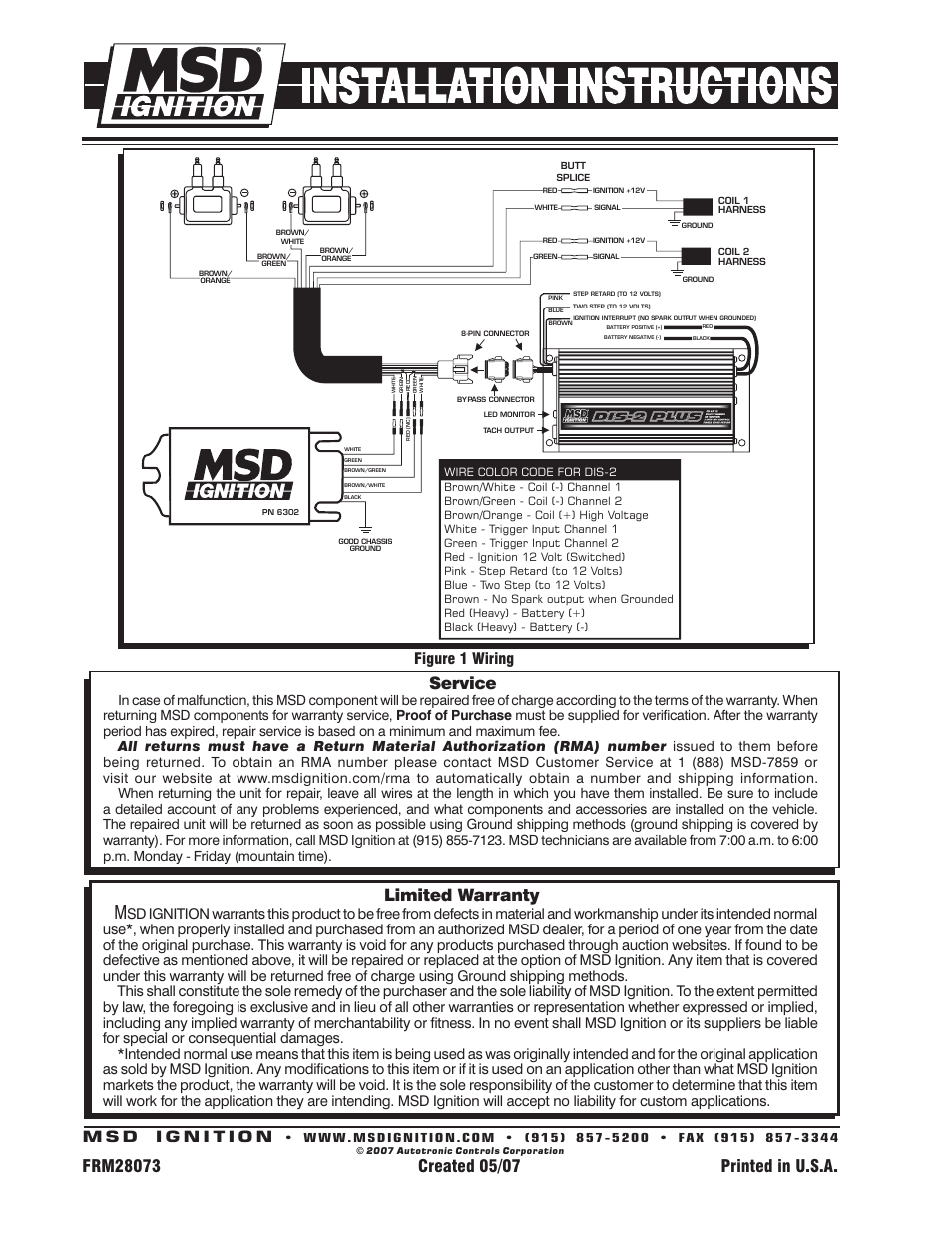 Limited warranty, Service, Figure 1 wiring | MSD 6302 DIS Dual Coil Ignitor, 2 Channel Installation User Manual | Page 2 / 2