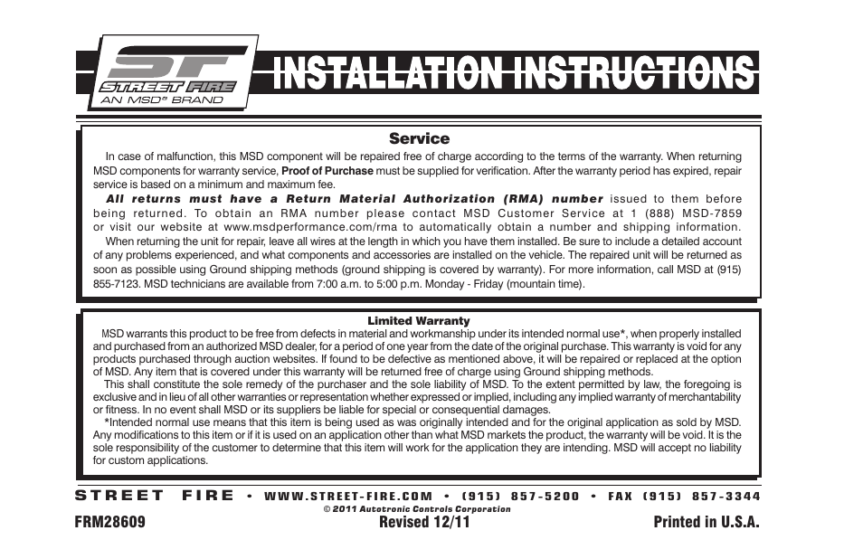 Service | MSD 5527 Ford TFI Coil, Street Fire Installation User Manual | Page 2 / 2