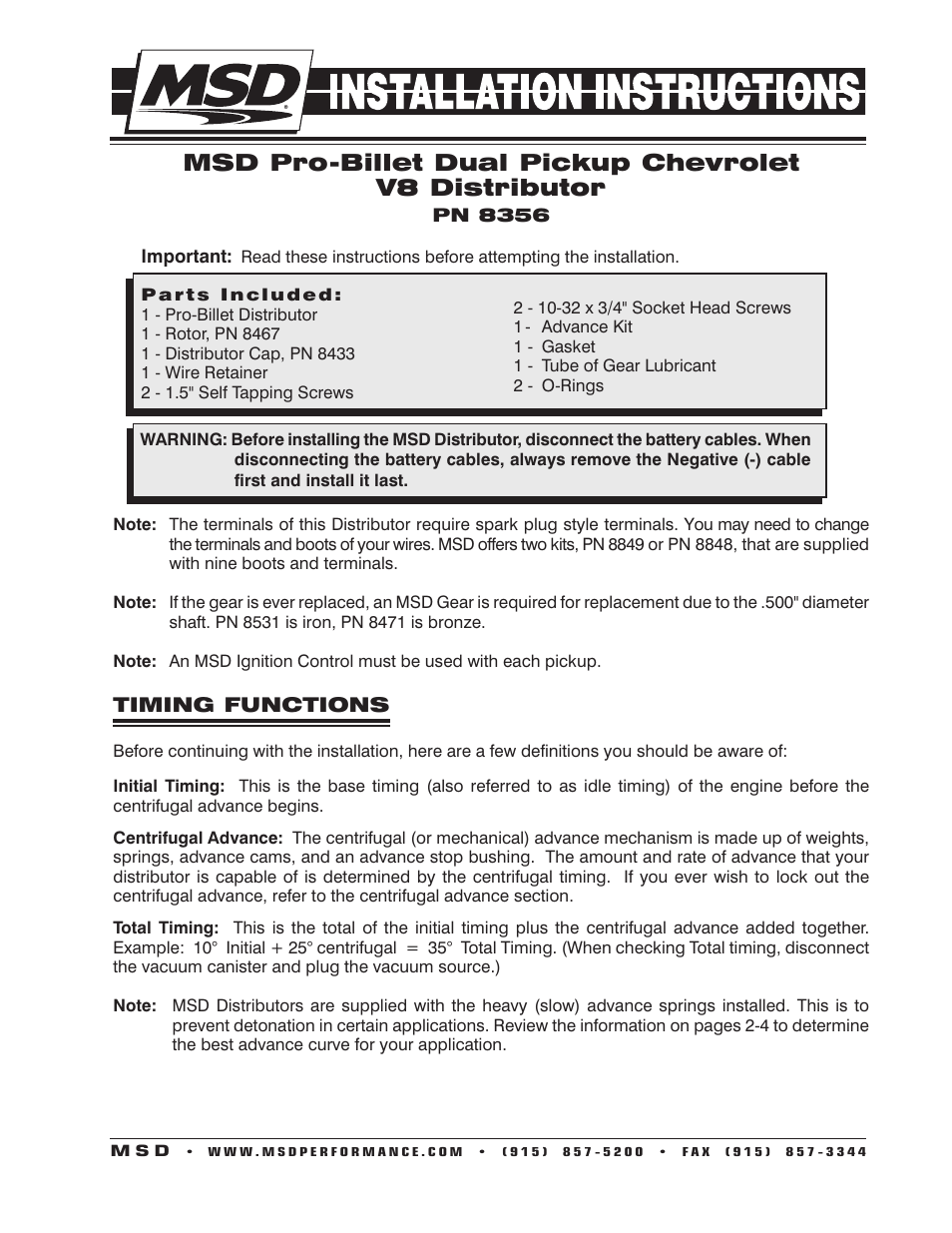 MSD 8356 Chevy V8 Dual Pickup Distributor Installation User Manual | 8 pages