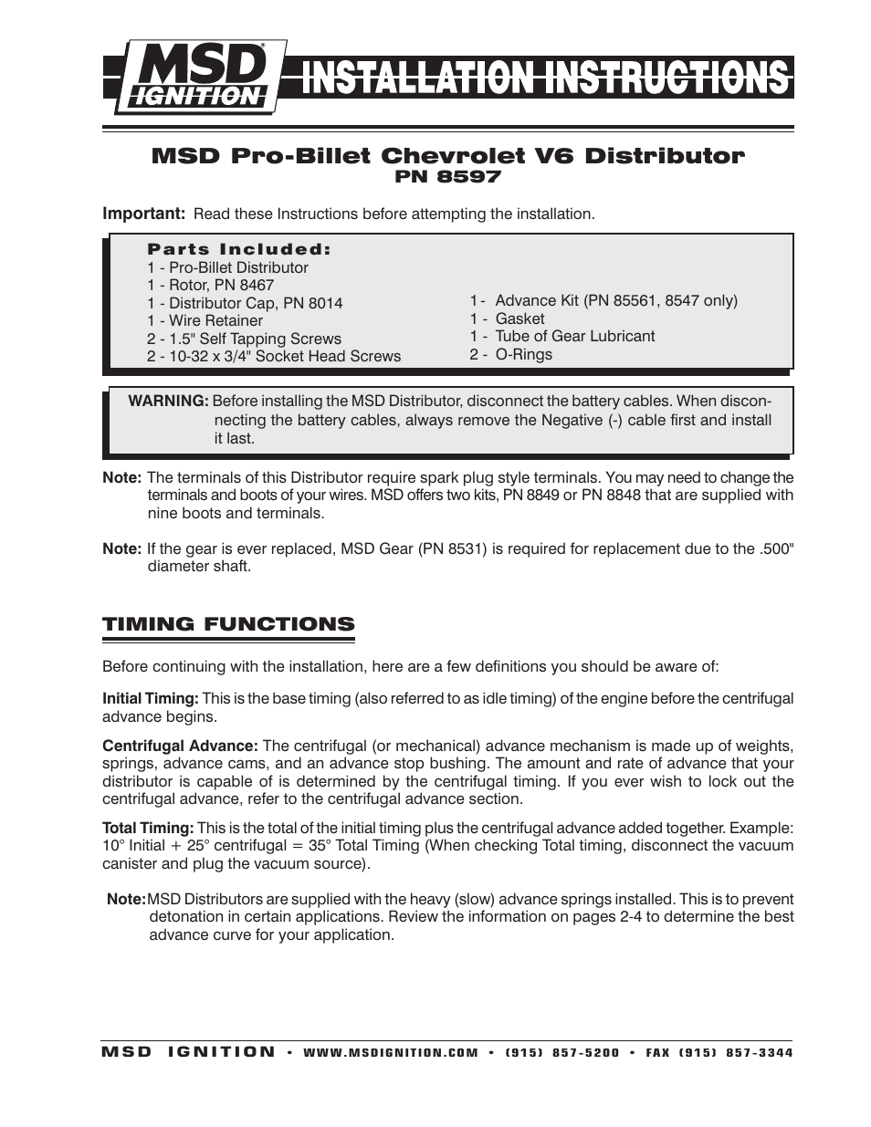 MSD 8597 Chevy V6 Even-Fire Pro-Billet Distributor Installation User Manual | 8 pages