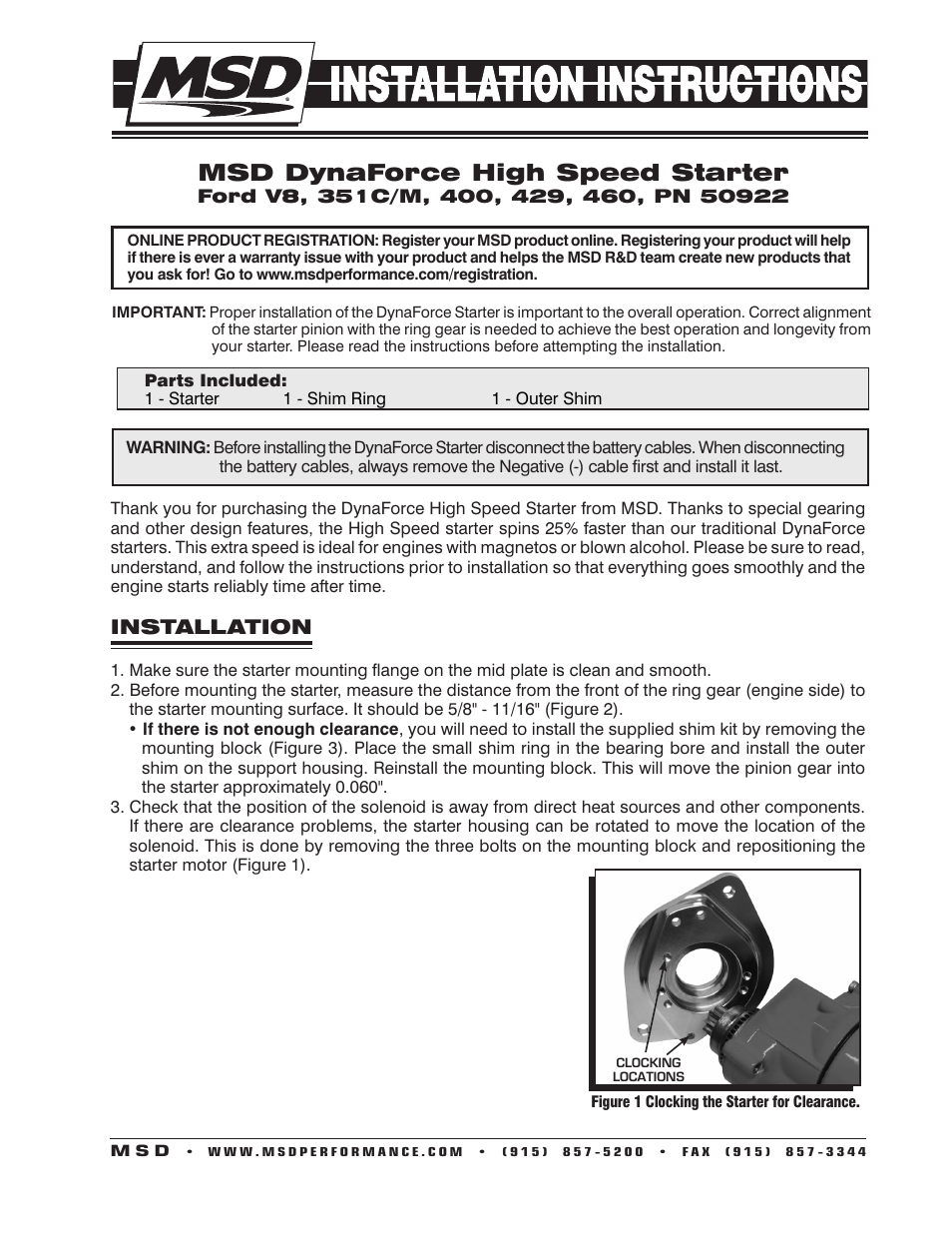 MSD 50922 Ford High Speed DynaForce Starter BB 351M, 400, 429 Installation User Manual | 4 pages