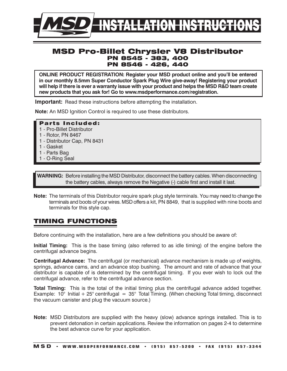 MSD 8546 Chrysler 426,440 Pro-Billet Distributor Installation User Manual | 8 pages