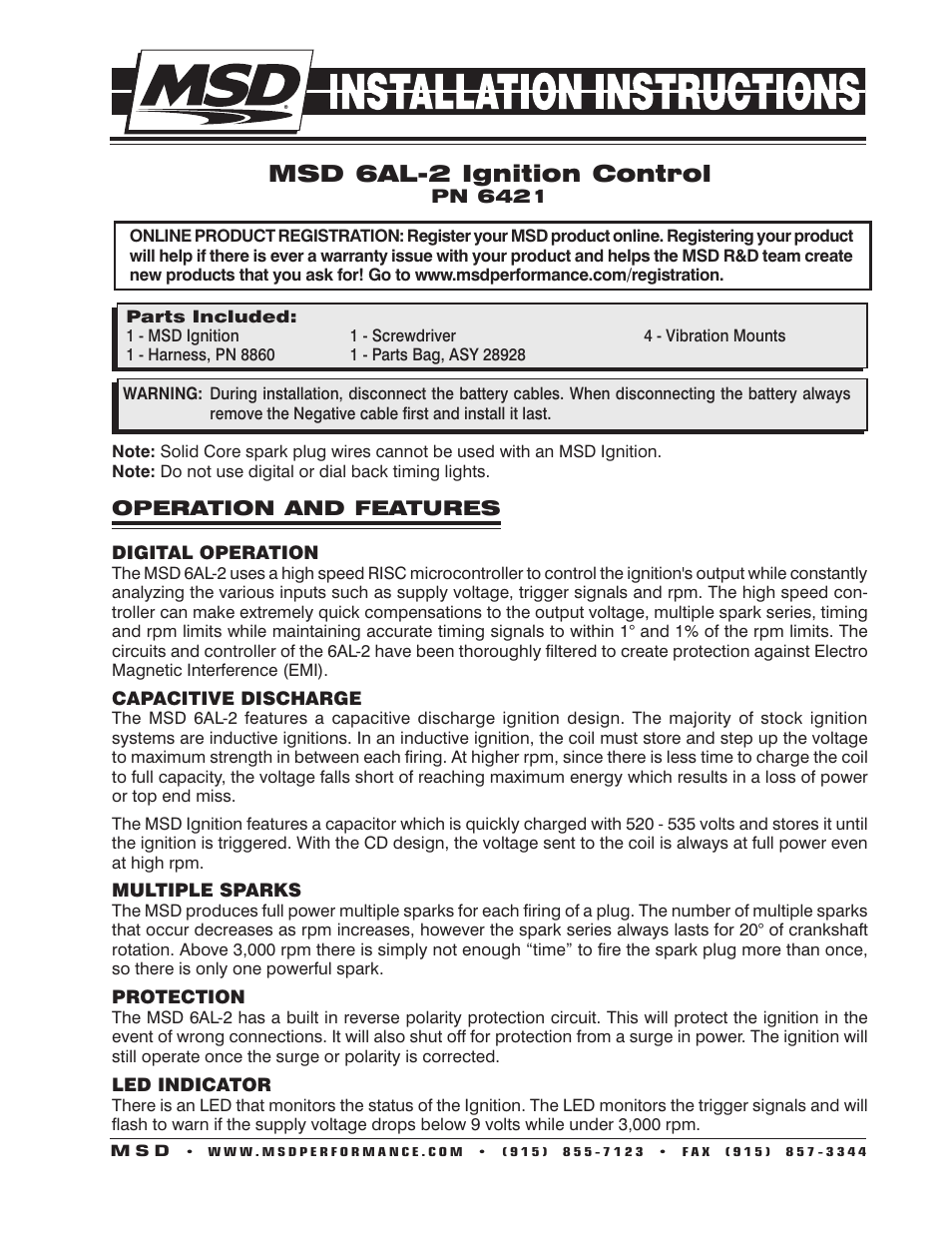 MSD 6421 6AL-2 Ignition Control Installation User Manual | 28 pages