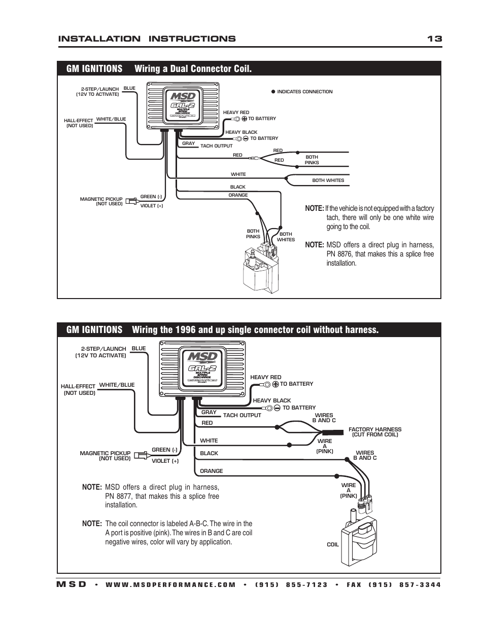 Gm ignitions wiring a dual connector coil, Installation instructions 13 m s d | MSD 6421 6AL-2 Ignition Control Installation User Manual | Page 13 / 28